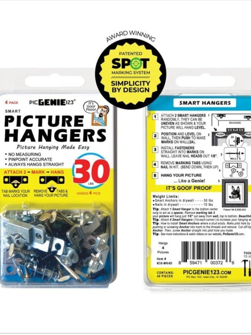 PicGenie Picture Hangers - Silver Hardware (4 Pack)